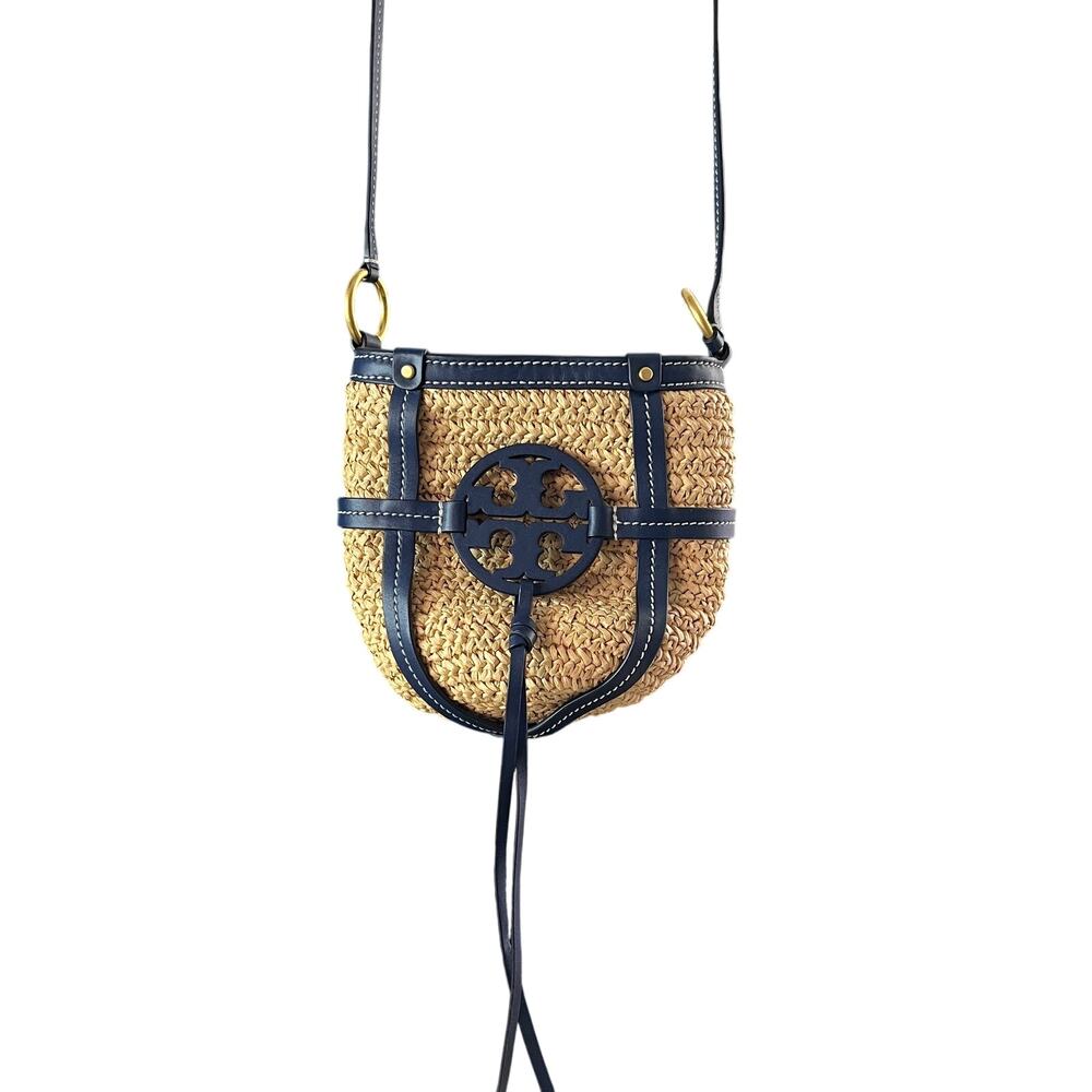 Tory Burch Miller Straw Bucket Bag Natural Navy Crossbody Purse Leather Trim - Picture 7 of 12